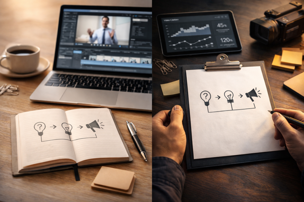 schéma visuel de structure VSL sur espace de travail marketing